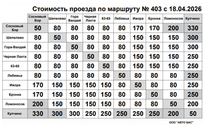 Тарифы, трасса и расписание 403